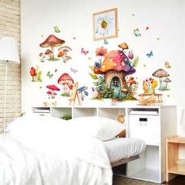 Mushroom House Wall Sticker, Watercolor Style, Cartoon, Forest, Mushroom, Sticker, Children, Room, Wallpaper, Stylish, Removable, Wallpaper, Interior, DIY, Room Decoration