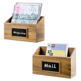 MyGift 11 Inch Premium Acacia Solid Wood Wall Mounted Magazine Racks with Chalkboard Labels, Rustic Wooden Hanging Mail Sorter Bill Organizer File Holder Bins, Set of 2