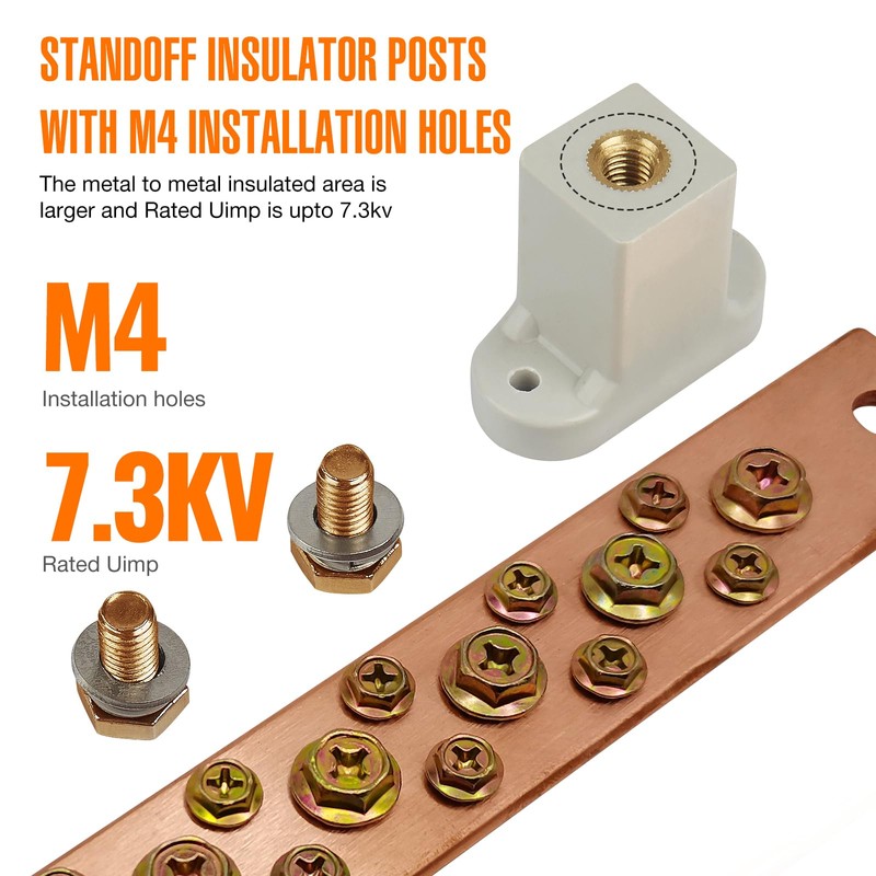 Copper Grounding Bar Kit, 7.8" Copper Bus Bar Ground Bus