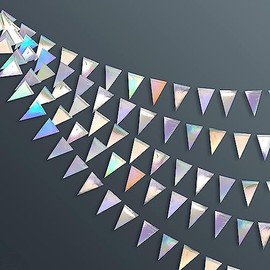 JEYE Iridescent Party Decorations Holographic Triangle Flag Banner Pennant Bunting Garland for Wedding Graduation Birthday Anniversary Baby Shower Decor Party Supplies Pack of 2, 20ft in Total