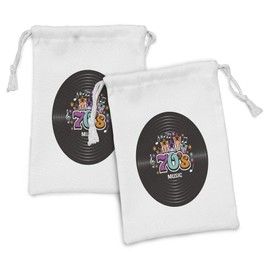 Ambesonne 70s Party Fabric Pouch Set of 2, Music Theme Colorful Stars Flowers Notes Record Vinyl Discography Artwork Print, Small Drawstring Bag for Toiletries Masks and Favors, 9" x 6", Multicolor