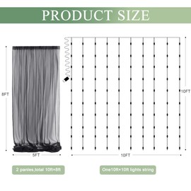Xiomot Tulle Backdrop Curtain with Lights String 10FT X 8FT Black Sheer Tulle Backdrop Curtains for Wedding Birthday Party Reception Photo Booth Background Decorations (2 Panels 5x8FT)