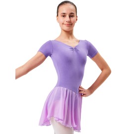 tanzmuster Children’s Short Sleeve Betty Ballet Outfit - Made of Cotton with Rhinestones and Chiffon Skirts - in Pink, White, Black, Light Blue, Pink, Lavender, Burgundy, Navy and Purple. - 128/134