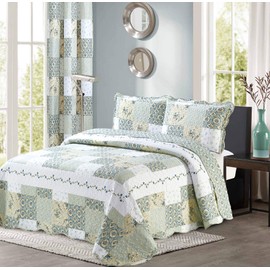 All American Collection New Reversible 3pc Floral Printed Patchwork Blue/Green Bedspread/Quilt Set Matching Curtains Available (King/Cal King Size)