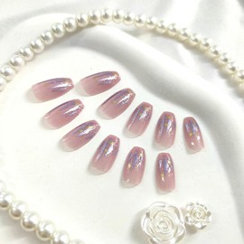 Coffin Press on Nails Short Fake Nails with Stripe Star Glitter Designs Nude Nails Press ons Glossy Glue on Nails Purple False Nails Cute Acrylic Nails Artificial Stick on Nails for Women 24Pcs