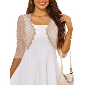 LIENRIDY Women's 2024 Cropped Cardigan 3/4 Sleeve Hollowed-Out Open Front Bolero Shrug for Dresses, Apricot, XL