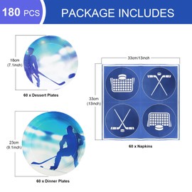 Hpscdyo 180PCS Hockey Party Supplies Serve 60 | Ice Hockey Disposable Paper Tableware Set Includes Dinner Plates, Dessert Plates, Napkins | Perfect for Hockey Sports Party Birthday Decorations