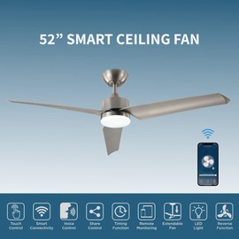 Promounts Modern All Seasons 52" Smart Ceiling Fan with led Lights, 3 Blades, 3 Color Temperatures, 6 Speeds, Voice App Control Compatible with Alexa/Google, Reverse Airflow for Office and Home