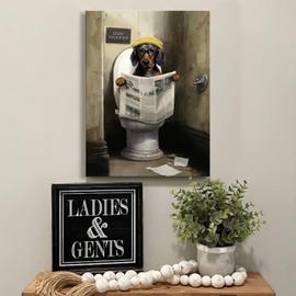 Funny Dachshund Dog Canvas Wall Art Bathroom Dog Picture Farmhouse Wall Decor Dog Sitting in Toilet Reading Newspaper Painting for Toilet Bathroom Animals Artwork Framed 16"x24"