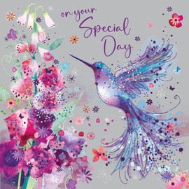 Cherry Orchard, Enchanting Humming bird Ladies Birthday Card with Exquisite purple Foil Finishes, Complete with Envelope