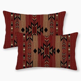 Boho Red Carpet Throw Pillow Covers 12x20 Inch Set of 2, Rustic Tribal Decorative Throw Pillow Covers Antique Red Linen Outdoor Cushion Cover for Sofa Couch Farmhouse Room Bed Decor