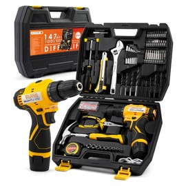 DIFFLIFE 12V Drill Driver Power Tool Combo Kits with Cordless Drill, Professional Household Home Tool Kit Set, DIY Hand Tool Kits for Garden Office House Repair Yellow