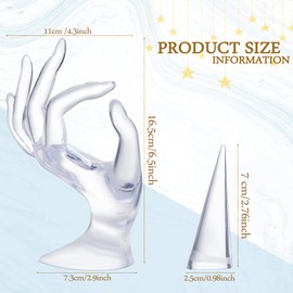 Transparent Hand Jewelry Display Holder OK Shape Mannequin Hand Bracelet Ring Holder and 2 Pieces Cone Shape Clear Acrylic Ring Display Stands for Jewelry Ring Wedding Ring