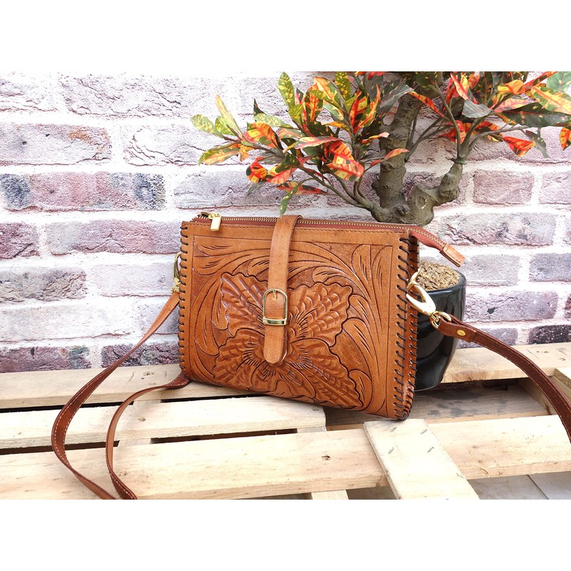 Hantooled - Bolso bandolera de piel para mujer, color café,
