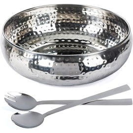 Salad Bowl and Serving Utensils - Hammered Detailing - Stainless Steel Mixing Bowls with Lids- Luxurious Serving Bowls (12" Silver Hammered Salad Bowl)