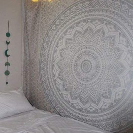 Popular Handicrafts Tapestry Wall Hanging Hippie Ombre Mandala Bohemian Hippy Metallic Shine Intricate Indian Tapestries Bedspread 54 x 82 Inches (140cm x 210cm) Silver