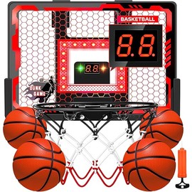 Indoor Basketball Hoop Pro, Mini Basketball Hoop Over The Door with LED Light/Scoreboard/4 Balls- Upgraded Anti-Impact Backboard, Basketball Toys Gifts for 6 7 8 9 10 11 12 Year Old Boys