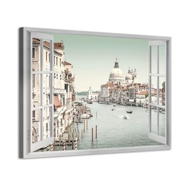 ARTISTIC PATH Venice Water City Canvas Wall Art: Large Italy Cityscape Picture Fake Window Port Town Prints Artwork for Living Room Bedroom Home Office