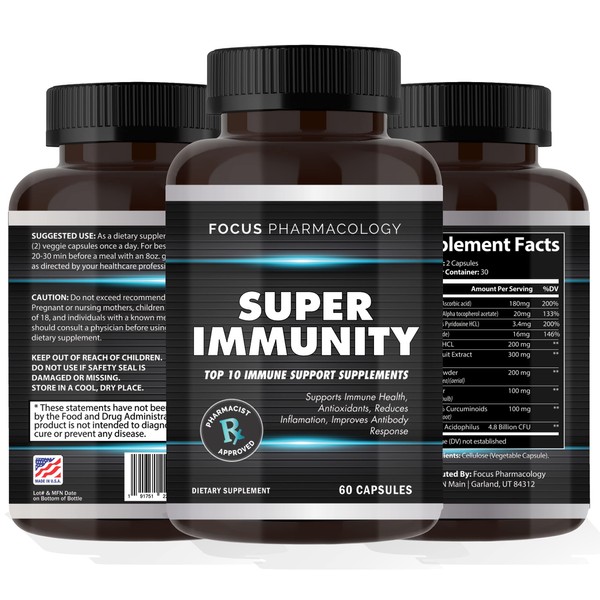 Focus Pharmacology Immune Booting Blend of The top 10 Immune Support Supplements - 60 Ct Blend That Includes Elderberry, Vitamin C, Echinacea, Zinc, Garlic, Tumeric, and Probiotics