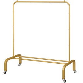 JIUYOTREE Metal Clothing Rack with Wheels 43.3 Inches Rolling Clothes Garment Coat Rack with Bottom Shelf Clothing Rack for Hanging Clothes Coats Skirts Shirts Sweaters Gold