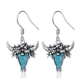 Western Cow Skull Earrings for Women 925 Sterling Silver Turquoise Dangle Drop Cowgirl Earrings Country Cowboy Jewelry Gift