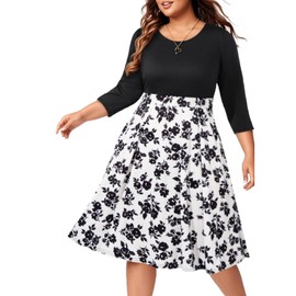 Black and White Dresses Plus Size Work Fall Semi Formal Vintage Church Fit Flare with Pockets Elegant Office Dress