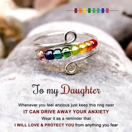 LIU JUN Anxiety Ring for Daughter to My Daughter Fidget Ring Drive Away Your Adjustable Fidget Ring for Women Rainbow Spinner Beads Gift for Daughter Jewelry(1pcs to daughter)
