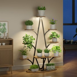 Plant Stand Indoor with Grow Lights - 51" Tall Tree-Shaped Corner Plant Shelf, 9 Tiered Metal Plant Rack with Adjustable Brightness & Timer, Sturdy Display Stand for Plants, Balcony Decor (Black)