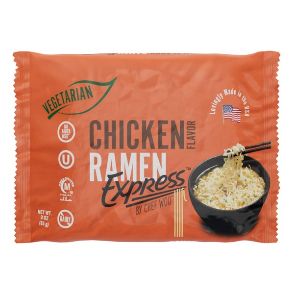RAMEN EXPRESS Chicken Flavor Ramen Noodle Packs, 3 Oz Each (Pack Of 24) by Chef Woo | Vegetarian Ramen Noodles | No MSG | Halal | Egg-Free and Dairy-Free