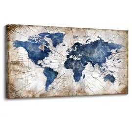World Map Canvas Wall Art Abstract Navy World Maps for Wall Vintage Modern Wall Art for Office Framed Pictures for Living Room Bedroom Wall Decoration for Home Office Decor Artwork for Walls 29x58IN