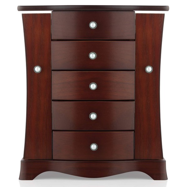RR ROUND RICH DESIGN Jewelry Box - Made of Solid Wood with Tower Style 4 Drawers Organizer and 2 Separated Open Doors on 2 Sides and Large Mirror Brown