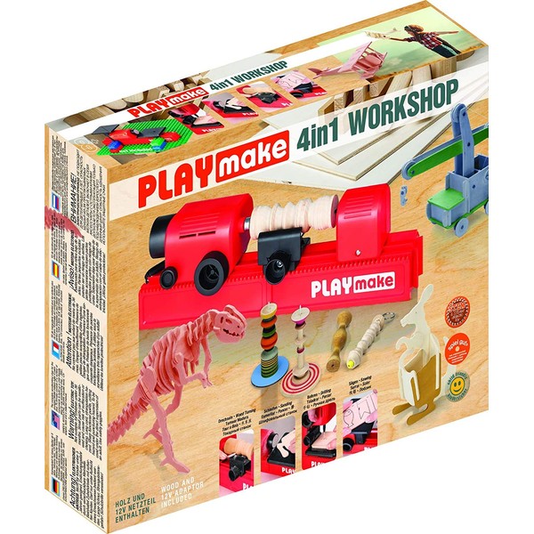 PLAYmake 4 in 1 Child-Safe Wood Workshop | World’s Only Kid-Friendly Working Jigsaw | Cuts Through Soft Wood with No Risk of Injury | Secure Base to Any Building Plate