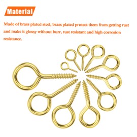 HELIFOUNER 100 Pieces 3# Screw Eyes, Screw in Eye Hooks, Metal Screw Eye Pins Hooks, Brass Plated Steel Screw Eyes, Gold