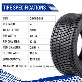 AutoForever 26x10.50-12 Lawn Mower Turf Tires 4 Ply 26x10.5x12 Lawn & Garden Tractor Golf Cart Tyres Tubeless 26-10.5-12 Set of 2