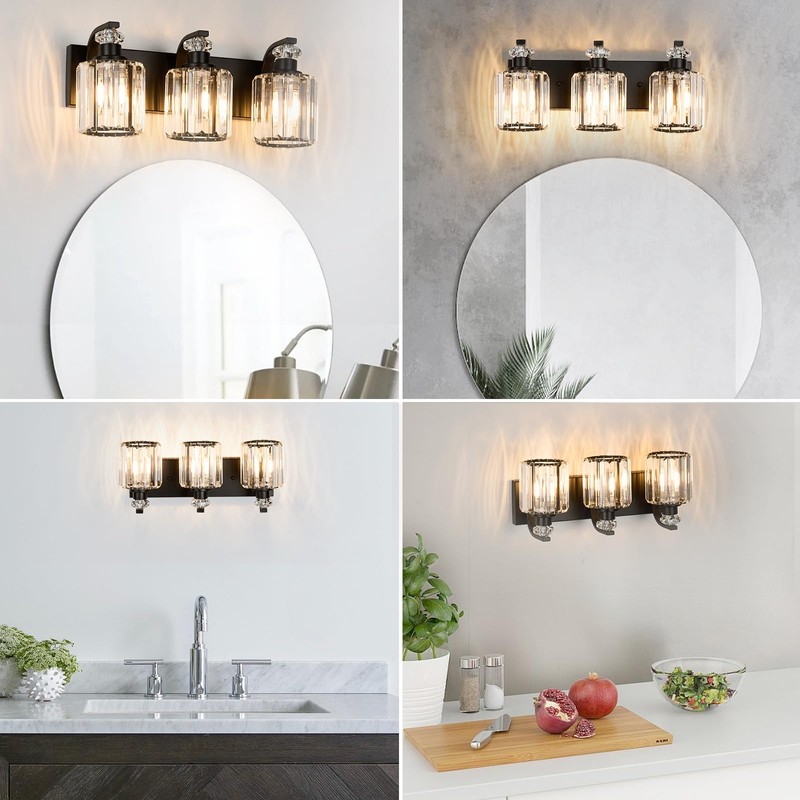 ALAISLYC Black Bathroom Light Fixtures with K9 Crystal Lampshade Bathroom