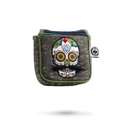 Pins & Aces LE Sugar Skull Mustache Mallet Putter Head Cover - Premium, Hand-Made Leather Putter Headcover - Funny, Tour Quality Golf Club Cover - Style and Customize Your Golf Bag (Green Camo)