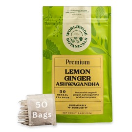 Worldwide Botanicals Lemon Ginger Ashwagandha Tea, 50 Tea Bags - 50% more herbs with 3g per teabag - Caffeine-Free, Made with Organic Herbs and Adaptogens - Kosher, 50 Tagless Eco-Friendly Tea-Bags