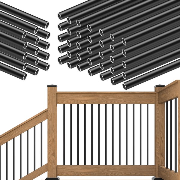 Muzata 50Pack 36" Aluminum Deck Balusters Round Black Deck Railing Stair Porch Staircase Spindles 3/4" Diameter Hollow for Wood and Composite Deck, WT01