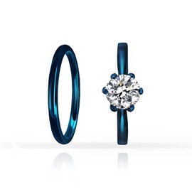 SILVERLINE JEWELRY Stainless Steel 2mm Wedding Band & Solitaire 7mm Round-Cut Cubic Zirconia Engagement Bridal Ring Set, Blue Tone Size 5