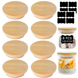 Oui Yogurt Jar Lids - 8 Pack Oui Lids-Natural Bamboo Wood with Silicone Sealing Rings and Oui Yogurt Bottle Label, For 5 Oz Oui Yogurt Jars
