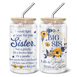 POTINAL Big Sis Sister, Glass Cup Tumbler 16 Oz With Lid And Straw, Sister Gifts, Id Fight A Bear For You Sister Decorations Glass Cup Sister Glass Can Tumbler Floral Smoothie Id Fight