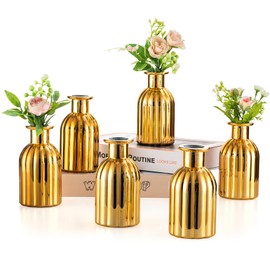 NUPTIO Bud Vases Glass Gold: 6 Pcs Small Vase Set in Bulk for Flowers - Mini Vintage Flower Bottle Single Assorted Vases for Wedding Table Centerpieces
