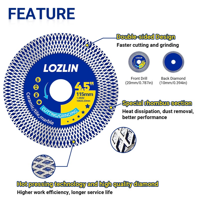 LOZLIN 4.5" Diamond Angle Grinder Blade - Ultra-Thin Dry Cutting