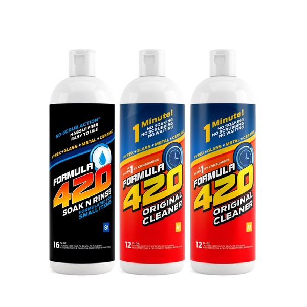 Formula 420 Perfect Pair : Glass Metal Ceramic Pipe Cleaner 12 Oz. 2 Pack & 1 Bottle Soak-N-Rinse 16oz (3 bottles total)