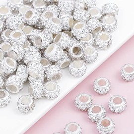 100pcs Large Hole Rhinestone Beads Crystal Charm Beads Diamond Hair Beads Spacer Glitter Snake Chain Beads for Jewellery Making White