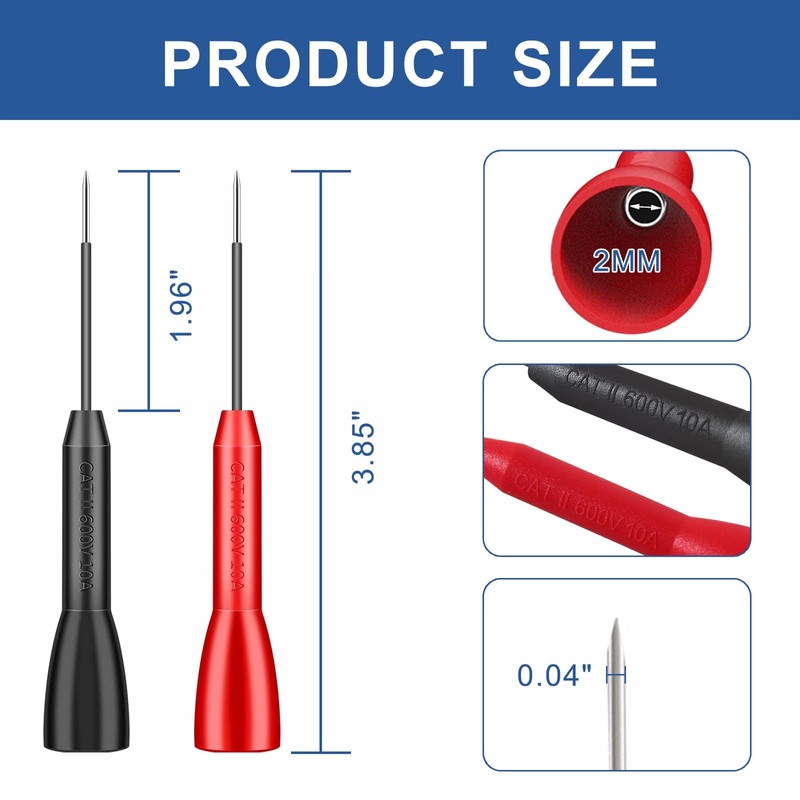 2 Pack 2mm Extended Needle Test Probes, 600V/10A CAT II