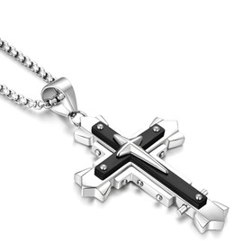 JUNOVUROS Stainless Steel Jesus Christ Cross Pendant Necklace for Men, 20 to 28 In Rolo/Byzantine Chain, 2 Sizes of Religious Jewelry with Silver/Gold/Black