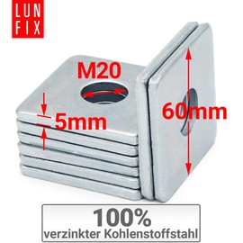 Lun Fix Square Washer M20 60 x 60 x 5.0 mm - DIN 436 | Pack of 2 | Square Washer Galvanised Steel, Flat Square Washers for Bolts Threaded Rods, Rectangular Washers with Round Hole