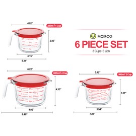 M MCIRCO 6 Pcs Glass Measuring Cups with Lids Set, 1-Cup, 2-Cup, 4-Cup Measuring Jugs with Handle, Nesting Liquid Measuring Cups for Kitchen