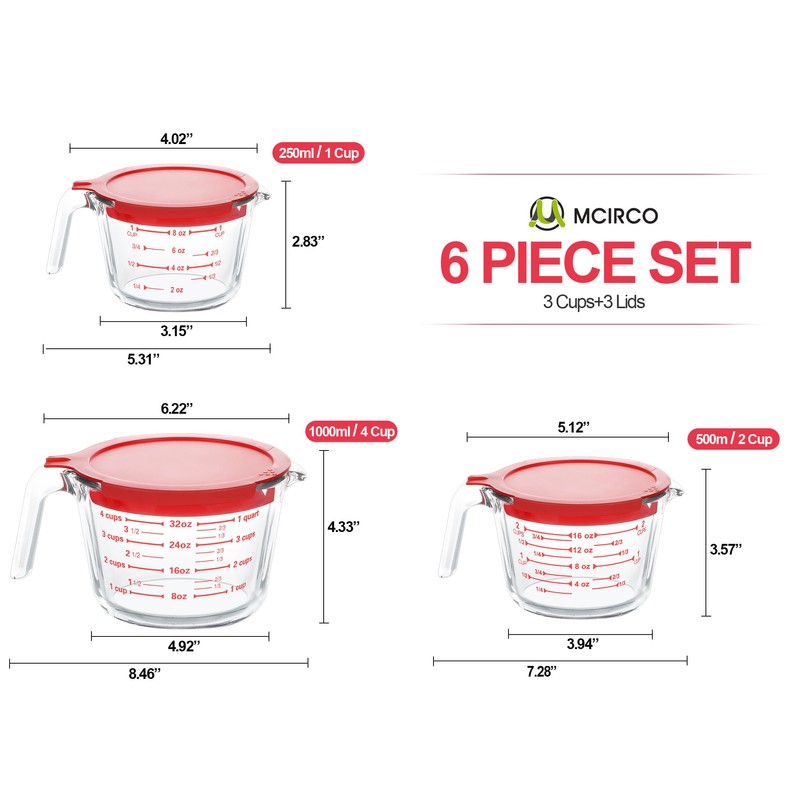 M MCIRCO 6 Pcs Glass Measuring Cups with Lids Set,